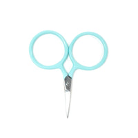 Pair of light blue-handled scissors on a white background