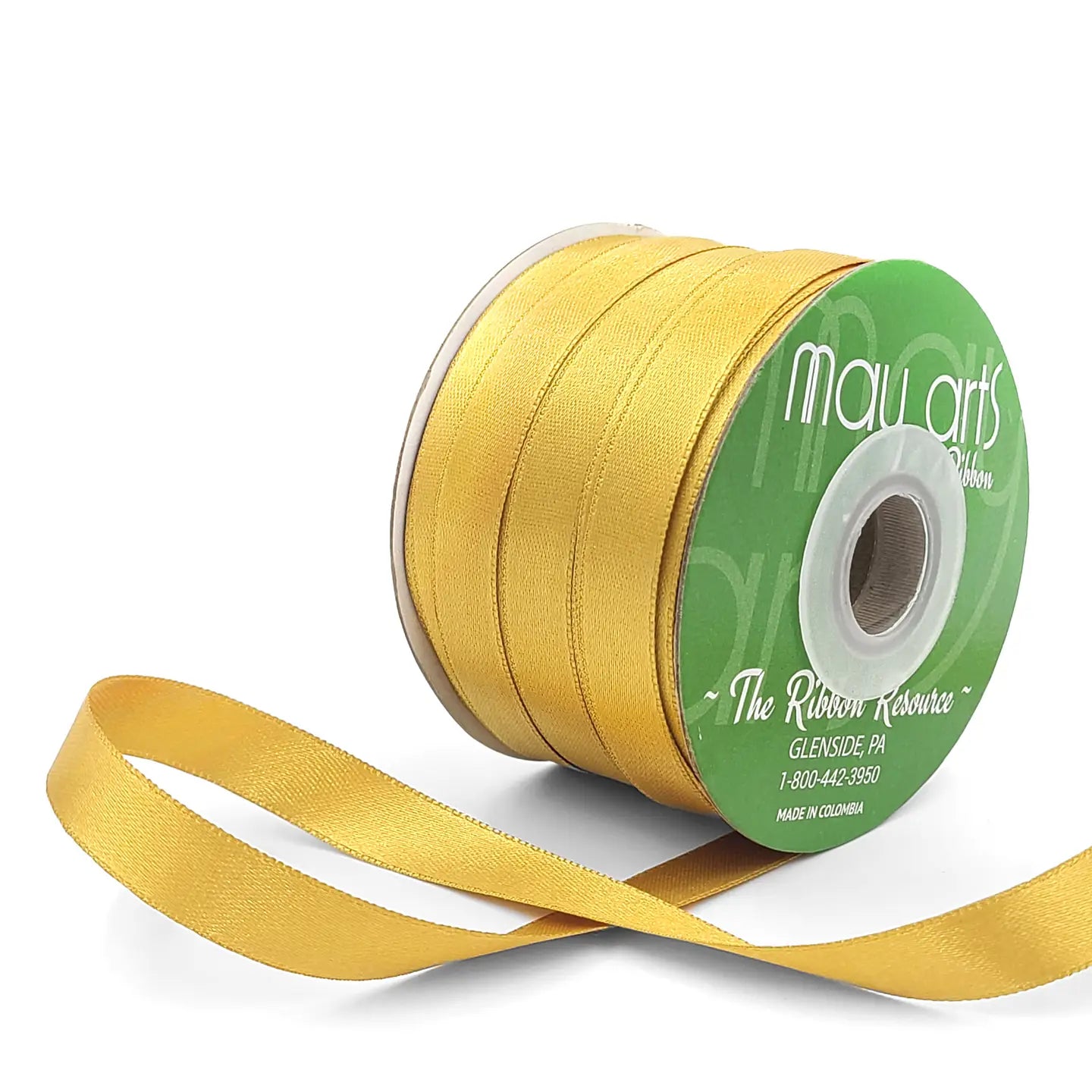 Gold ribbon spool with visible brand name on a white background