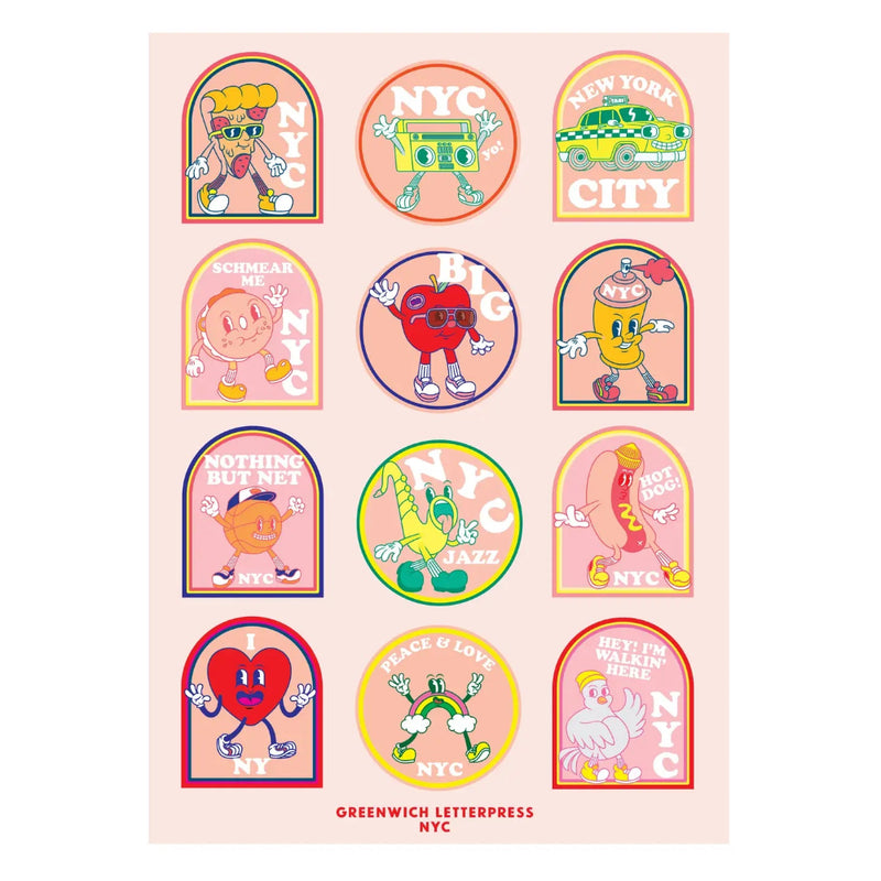 Collection of colorful stickers with cartoon characters and 'NYC' text on a pink background.