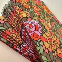 Stack of floral patterned patches on a light background