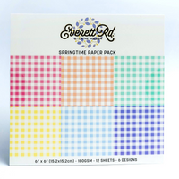 paper packaging labeled "springtime paper pack." with rainbow of gingham paper displayed on the front.