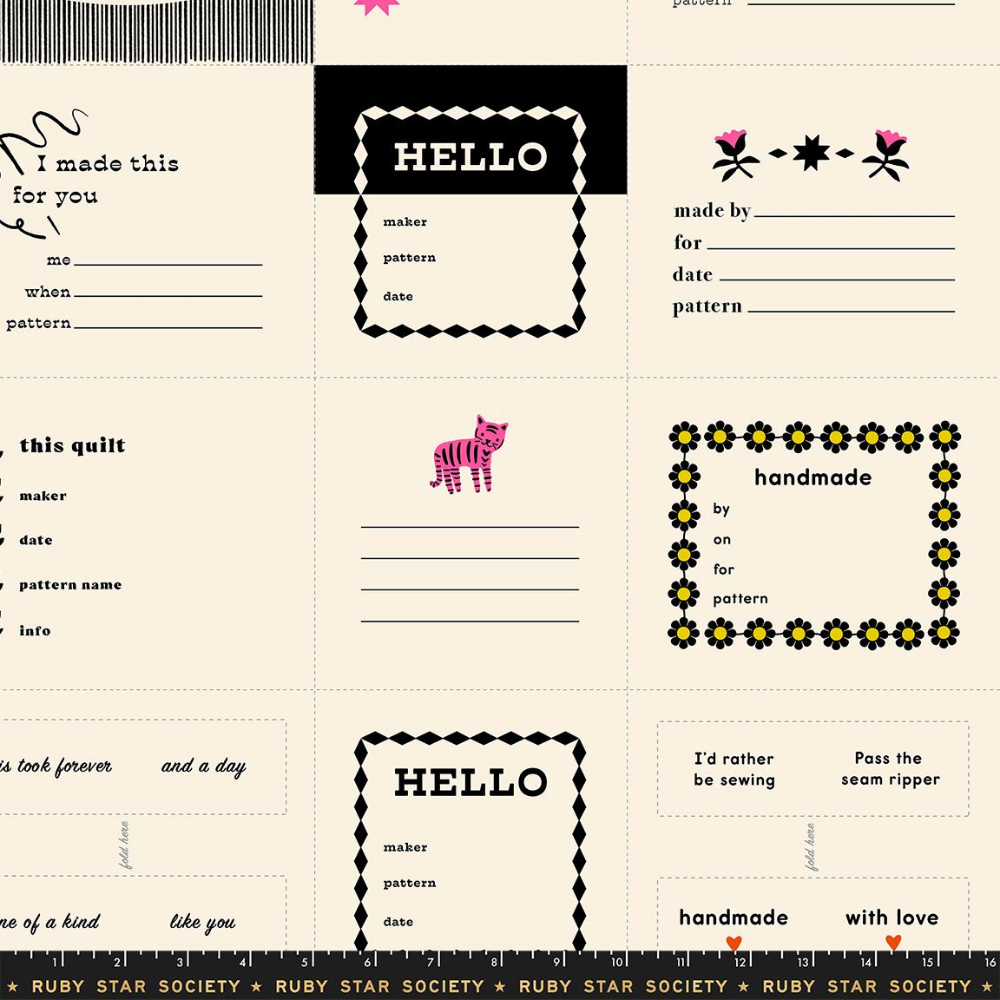 Multiple label designs on natural color fabric, with black designs varying between saying "I made this for you", "handmade: by, on, for, pattern", "Hello: maker, pattern, date", "handmade with love", "I'd rather be sewing" and "Pass the seam ripper".