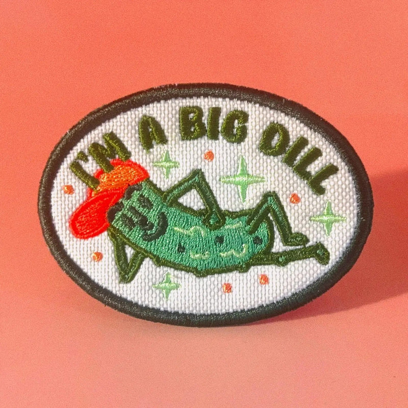 a pickle themed patch that says i'm a big dill