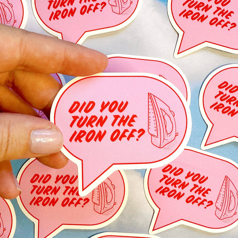 Stickers with 'Did you turn the iron off?' text and an iron icon on a blue background.