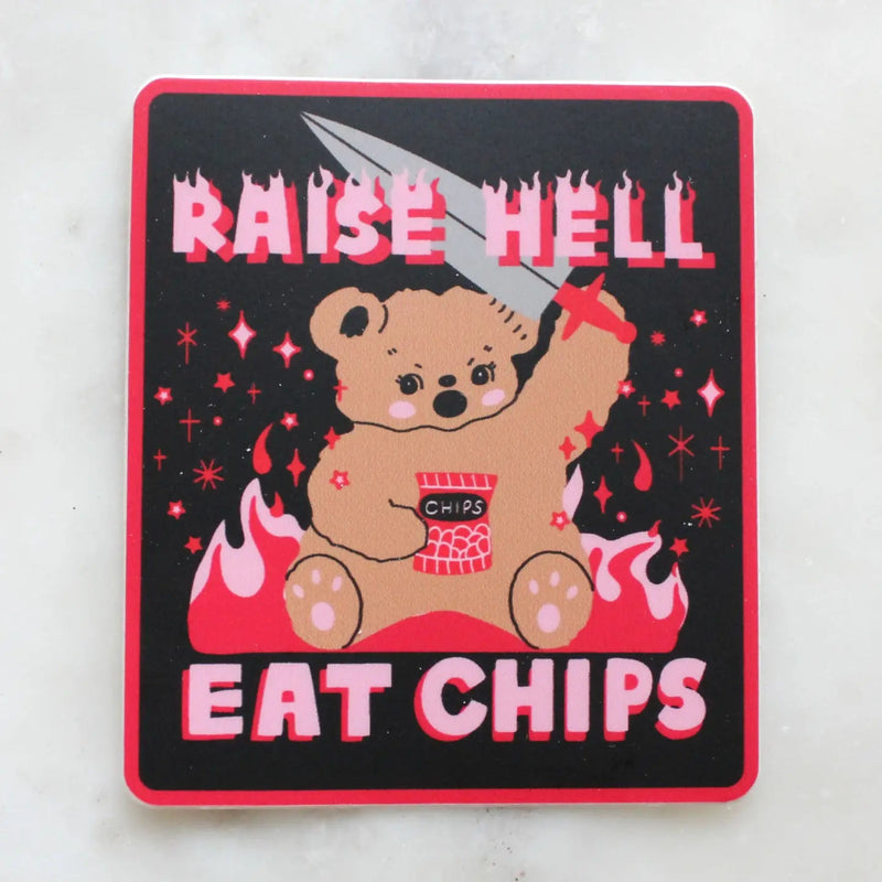 Bear eating chips on a fiery background in red and black