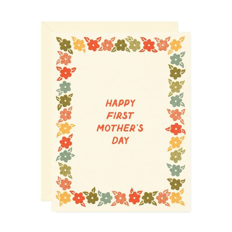 Greeting card with floral border and 'Happy First Mother's Day' text on a beige background