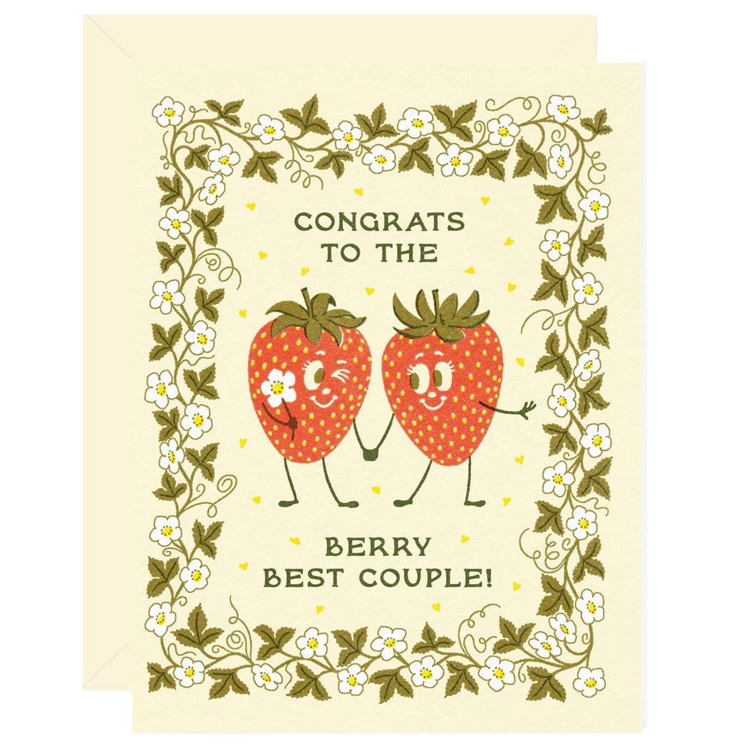 Greeting card with cartoon strawberries and floral border on a beige background that says "Congrats to the Berry Best Couple"