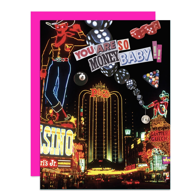 Greeting card with neon sign design featuring a cowboy and casino-themed text.