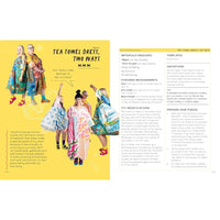 Book page with colorful tea towel dresses and text on a yellow background