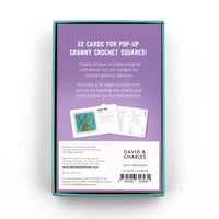 Cardboard packaging with text and images of crochet granny squares on a white background