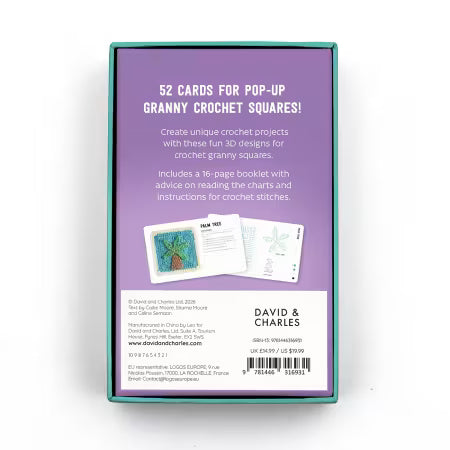 Cardboard packaging with text and images of crochet granny squares on a white background
