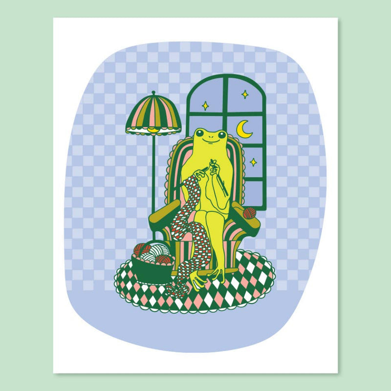 Illustration of a frog knitting in a chair with a checkered background