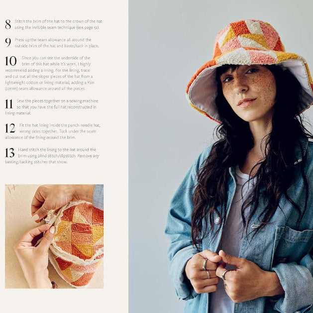 Woman wearing a colorful bucket hat with a recipe book open to a page showing step-by-step instructions.