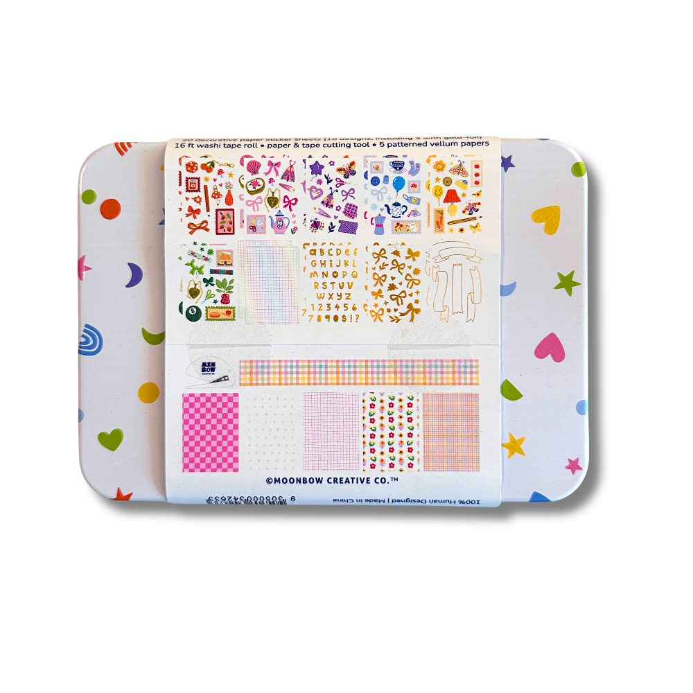 Colorful patterned paper set in a tin with visible brand name.