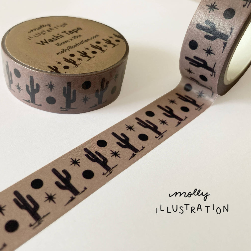 Washi tape with cactus design and 'molly illustration' branding on a white background
