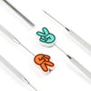 Two colorful peace sign needle protectors on a white background with silver tools.