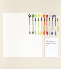 Set of colorful embroidery hoops on a white background with 'Instructions' text.