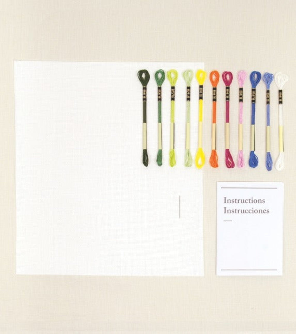 Set of colorful embroidery hoops on a white background with 'Instructions' text.