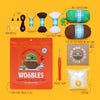Crochet kit with yarn, hooks, and instructions on a yellow background