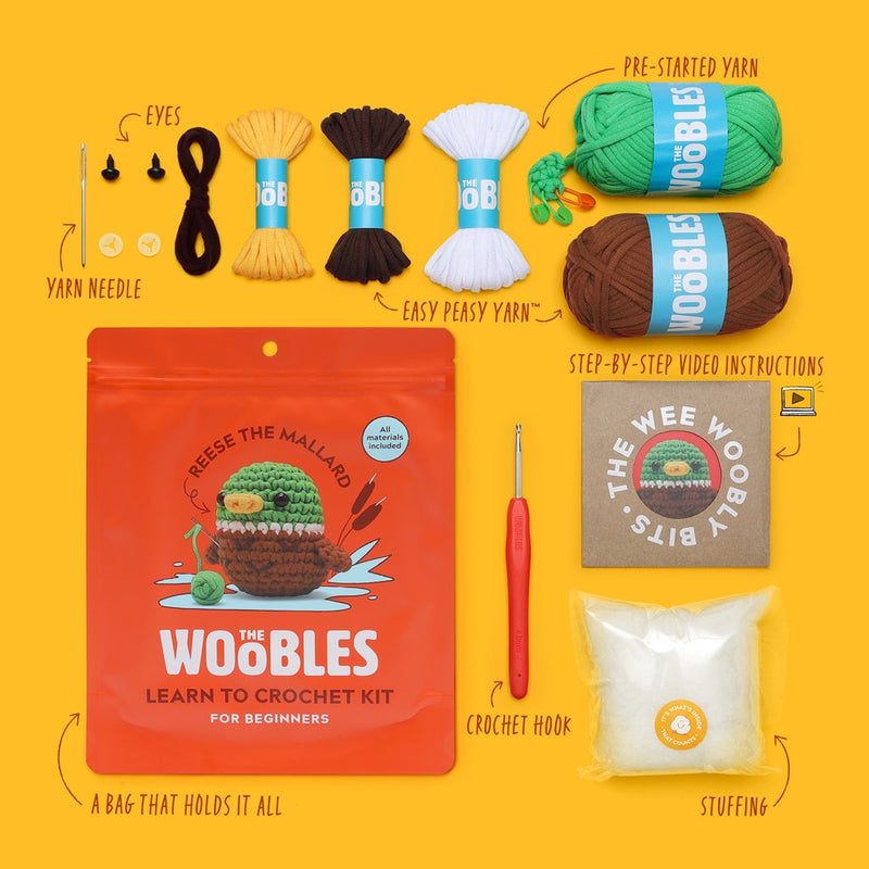 Crochet kit with yarn, hooks, and instructions on a yellow background