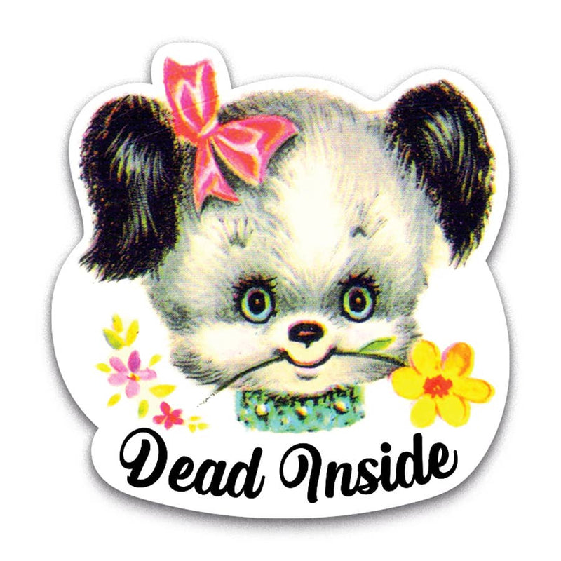 Sticker with a cartoon dog face with a pink bow, flowers, and 'Dead Inside' text on a white background.