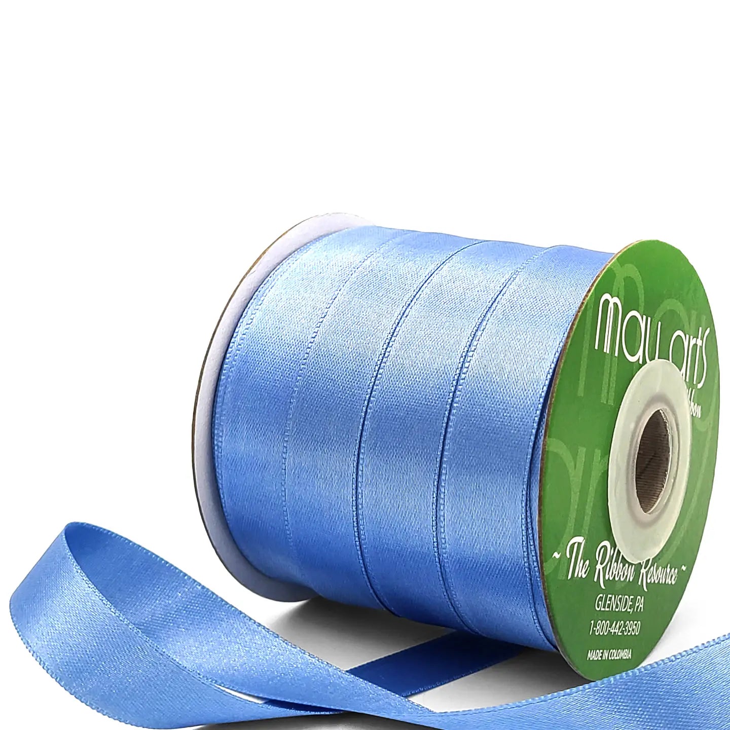 Light blue ribbon spool with visible brand name on a white background
