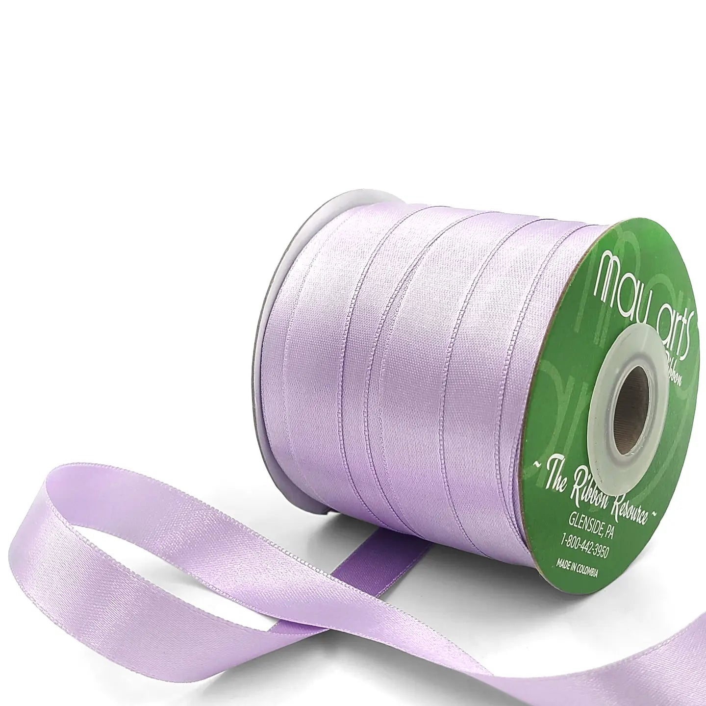Lavender ribbon spool with visible brand name on a white background