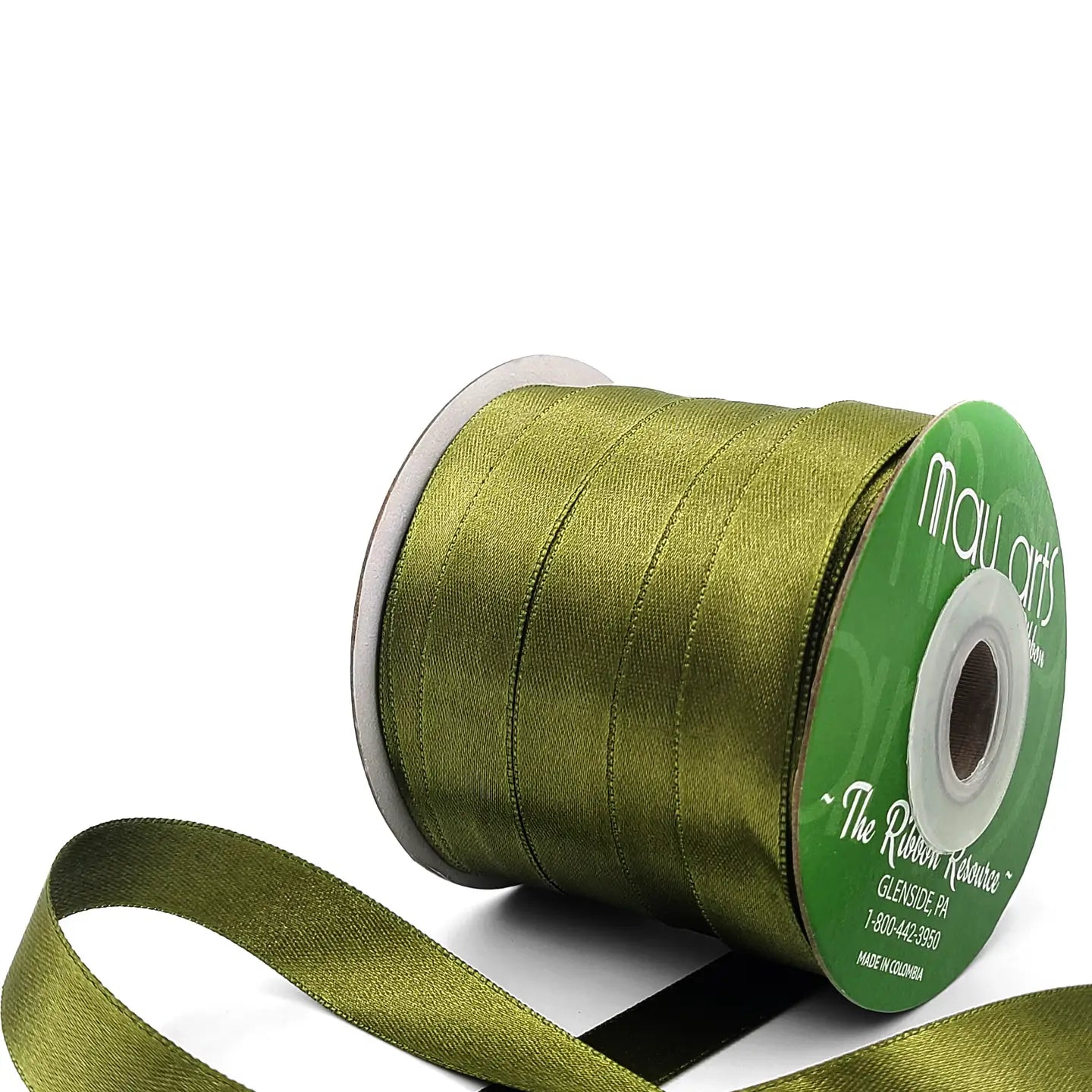 Olive green ribbon spool with visible brand name on a white background