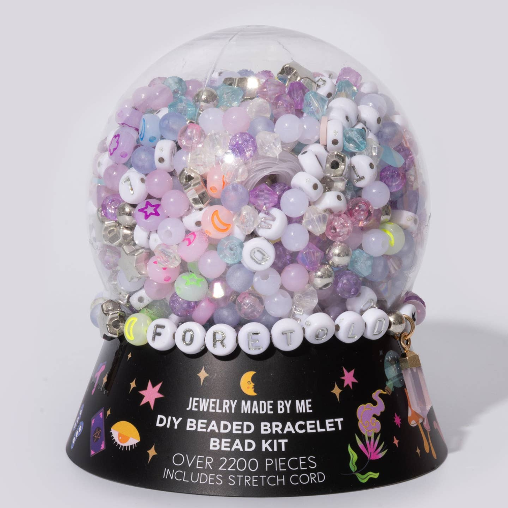 magic ball shaped bead container with purple beads, blue beads, and white letter beads. 