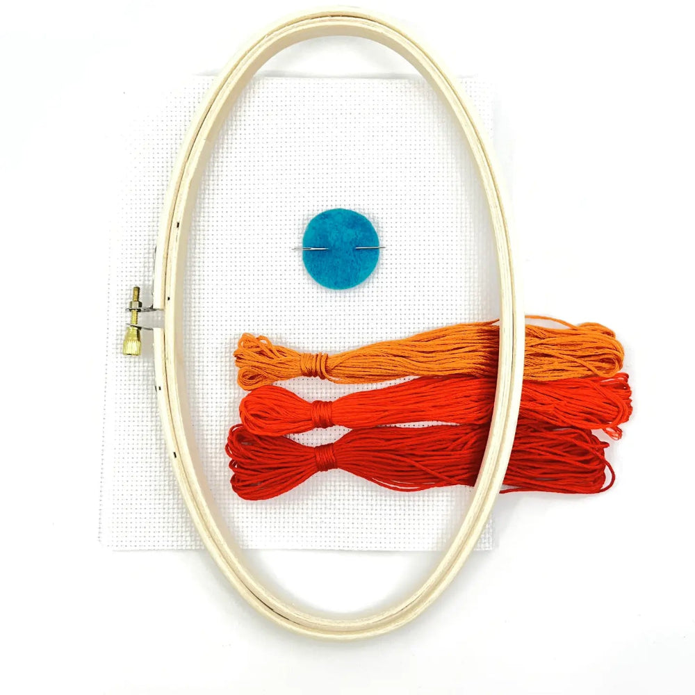 Embroidery hoop with colorful threads on a white background