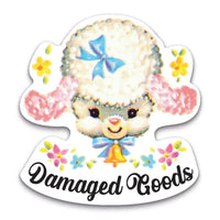 Cartoon character with a bow and flowers, labeled 'Damaged Goods', on a white background
