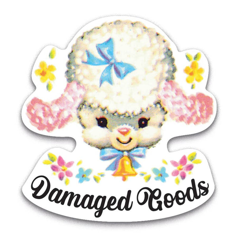 Cartoon character with a bow and flowers, labeled 'Damaged Goods', on a white background