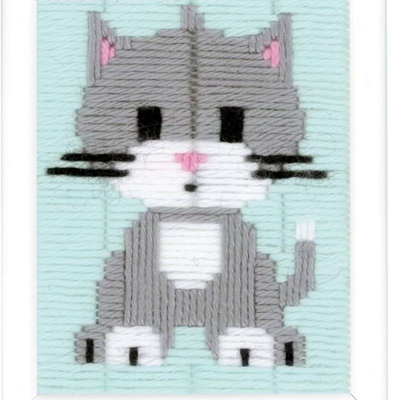 Needlecraft canvas with a gray kitty on a blue background