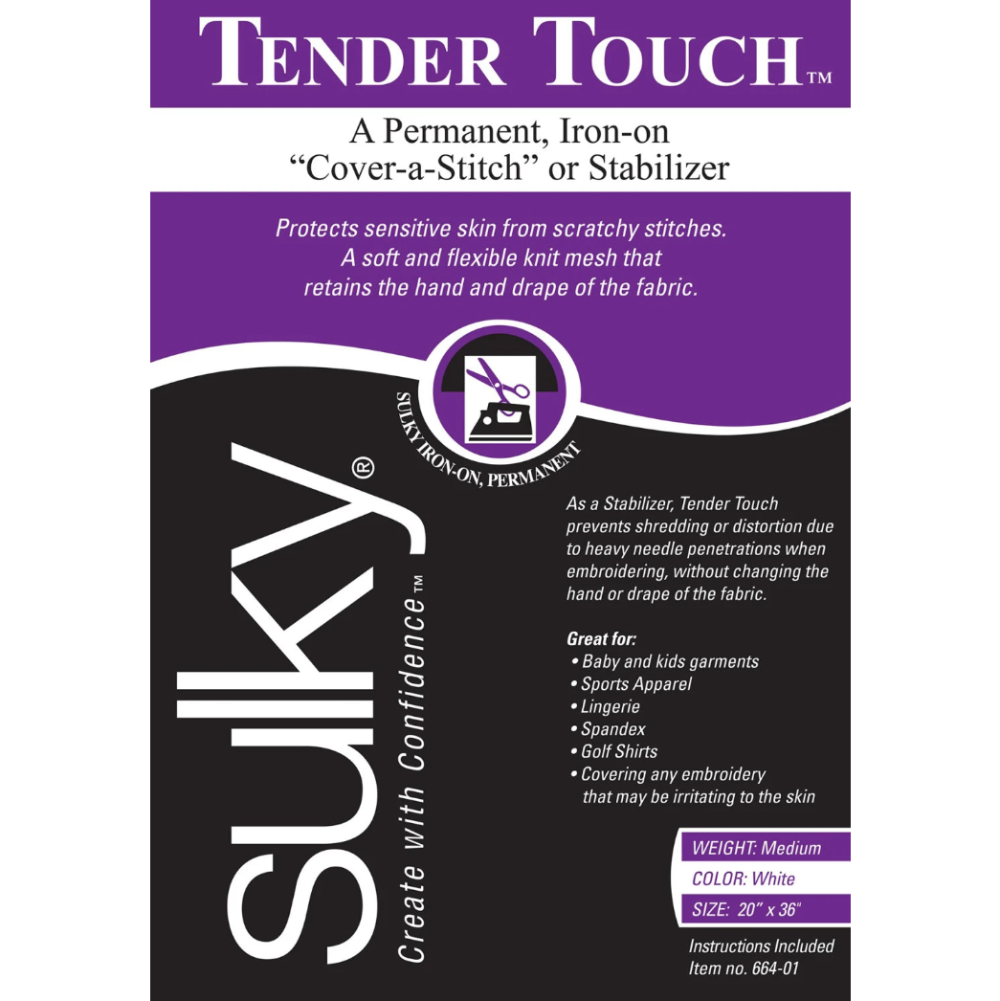 Sulky Tender Touch cover-a-stitch stabilizer packaging with purple and black design.