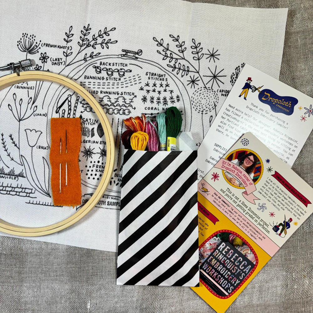 Embroidery kit with hoop, thread, and pattern sheets on a gray surface