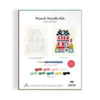 Punch needle kit packaging with house illustrations and craft supplies on a white background