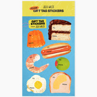 Pack of gift tag stickers with food-themed designs on a blue background