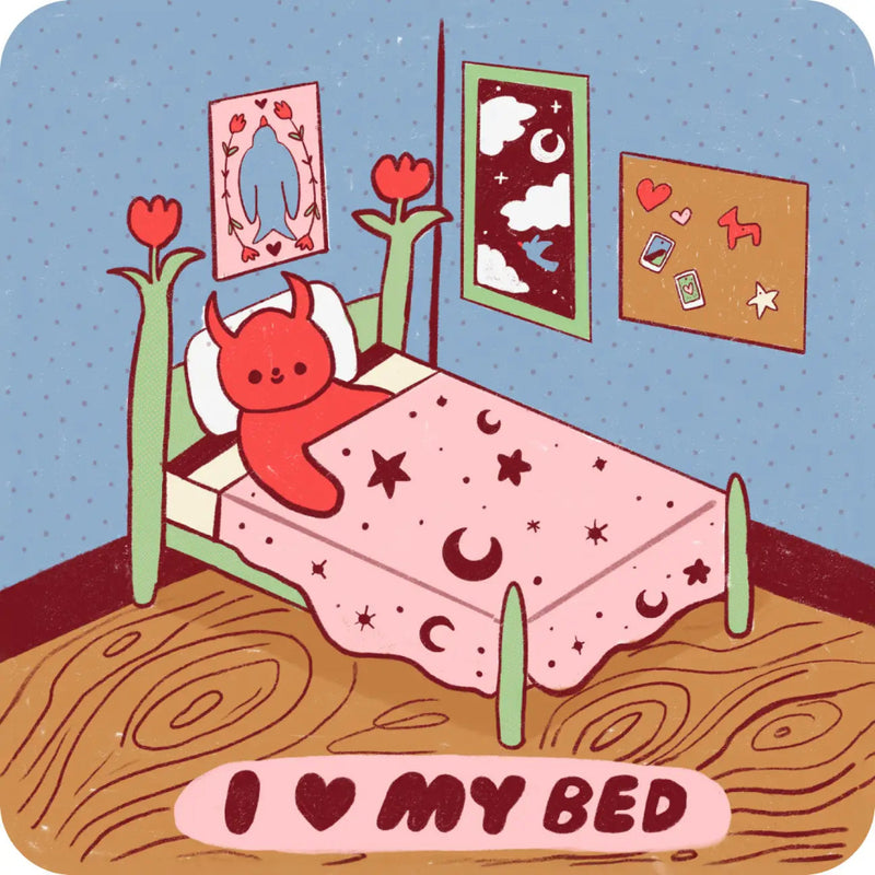 Illustration of a red creature in bed with 'I ❤️ MY BED' sign, surrounded by wall decorations.