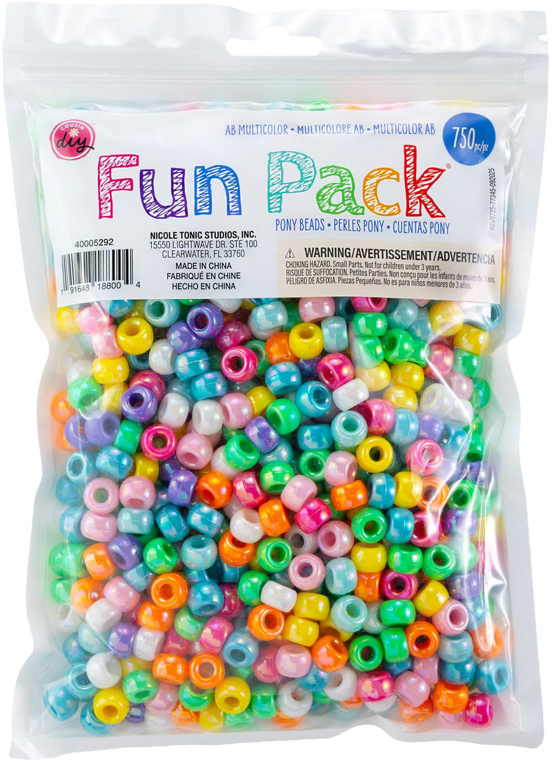 Packaged colorful pony beads with a visible brand label on a white background