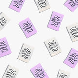 sewing labels that say 'Perfectly Imperfect' in black text on lilac and ivory backgrounds