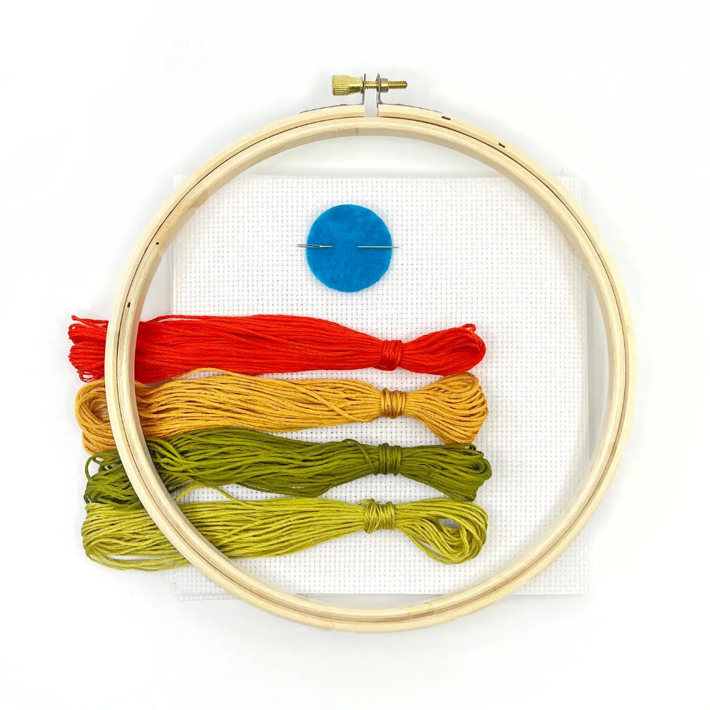 Embroidery hoop with colorful thread skeins on a white background