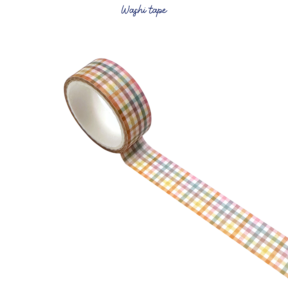 Roll of washi tape with a checkered pattern on a white background