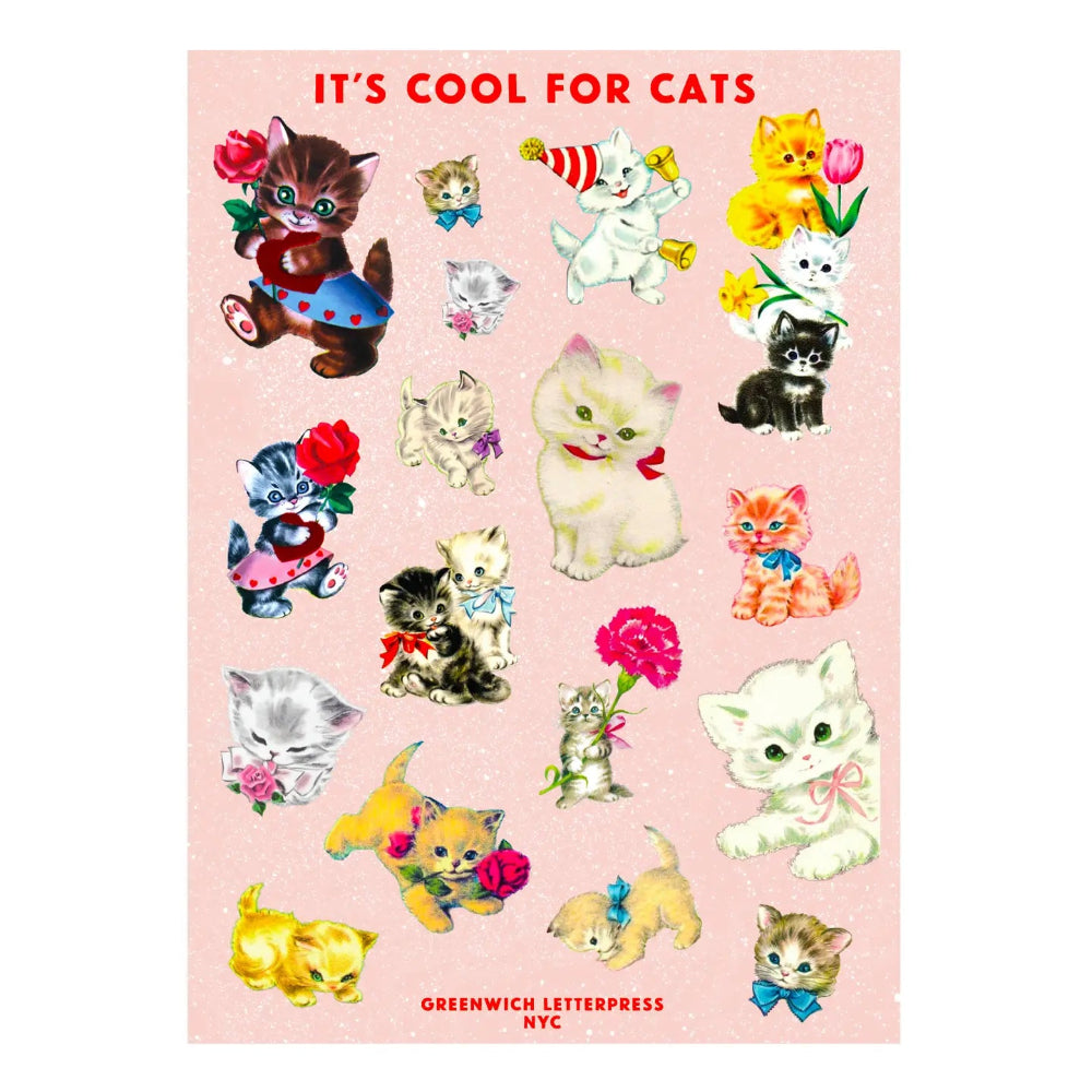 Sticker sheet with retro cats holding flowers on a pink background.