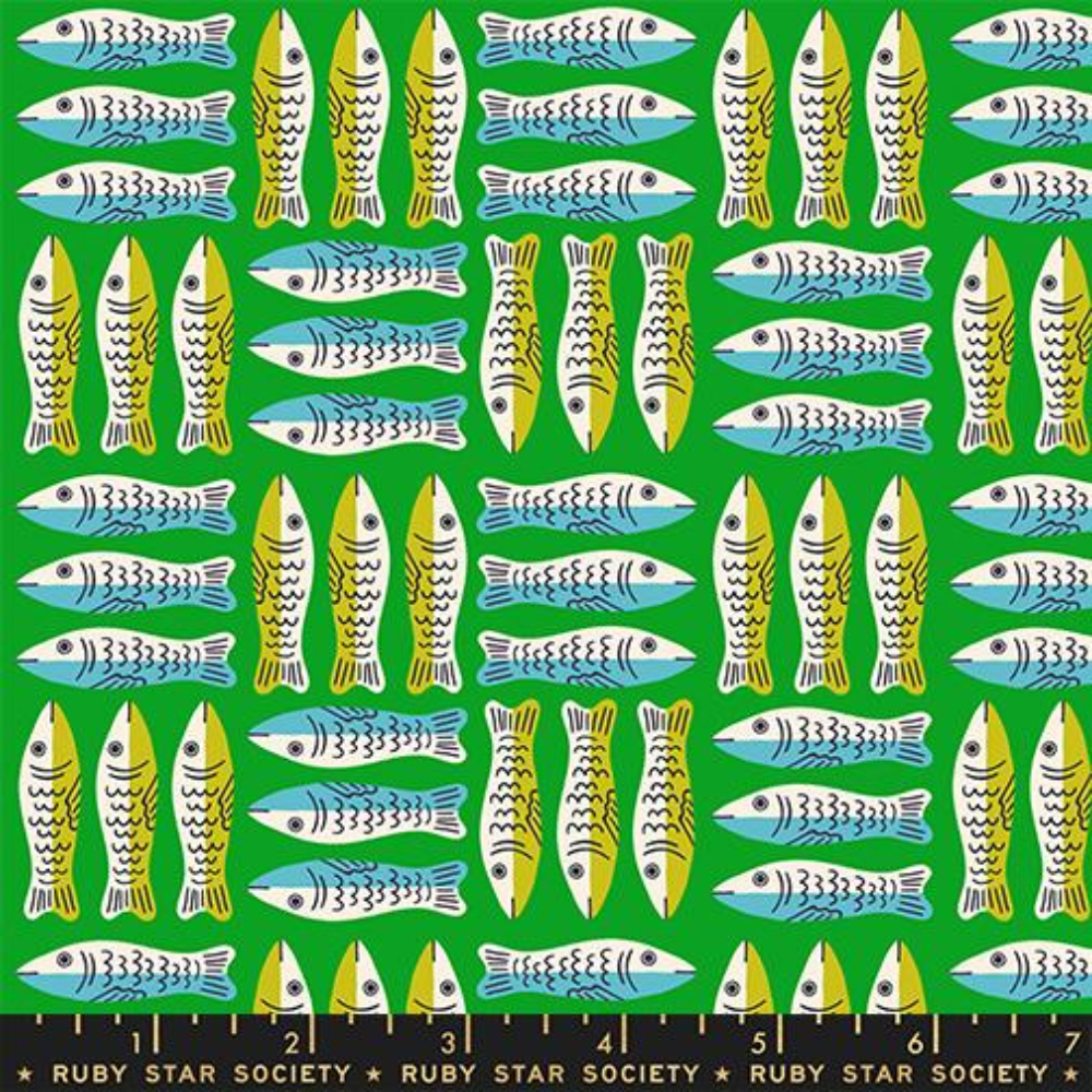 Sets of 3 light blue and lime green sardine fish are patterned in a grid format across a dark green background.