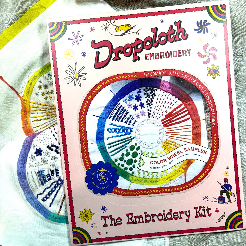 Embroidery kit with colorful design on a white fabric background