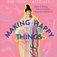 Pink book cover with a woman wearing a colorful dress and "Making Happy Things" written on top of it