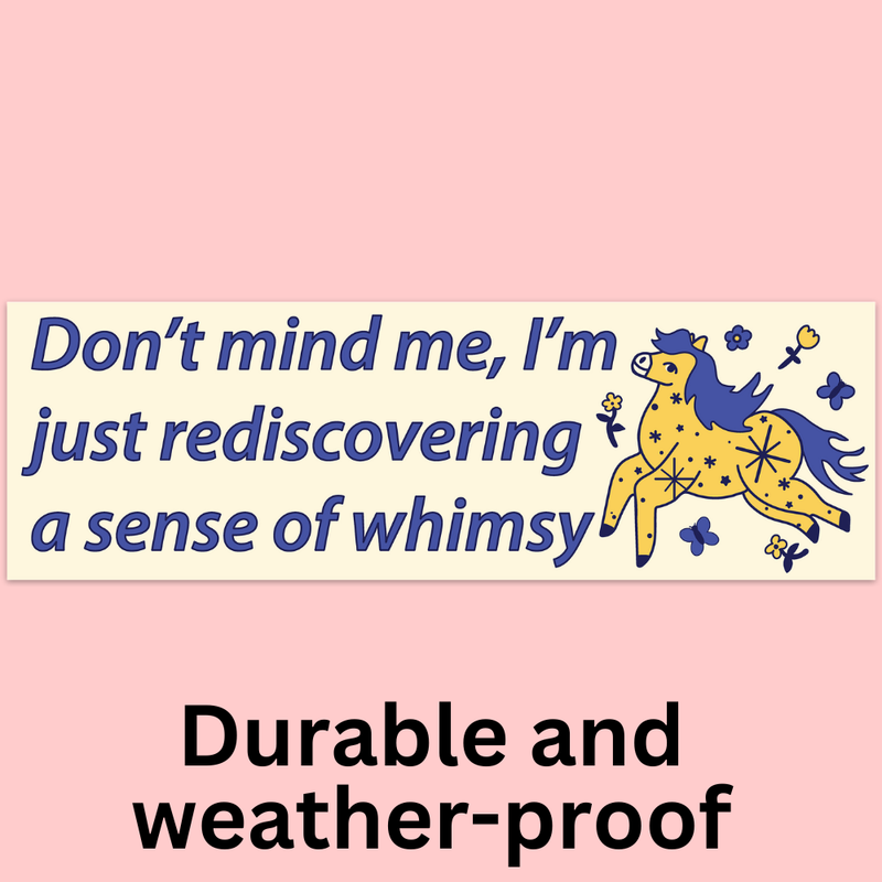 Cartoon horse with text of "Don't mind me, I'm just rediscovering a sense of whimsy" on a pink background