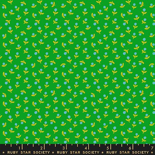 Blue flowers with light green leaves on a bright green background with Ruby Star Society label