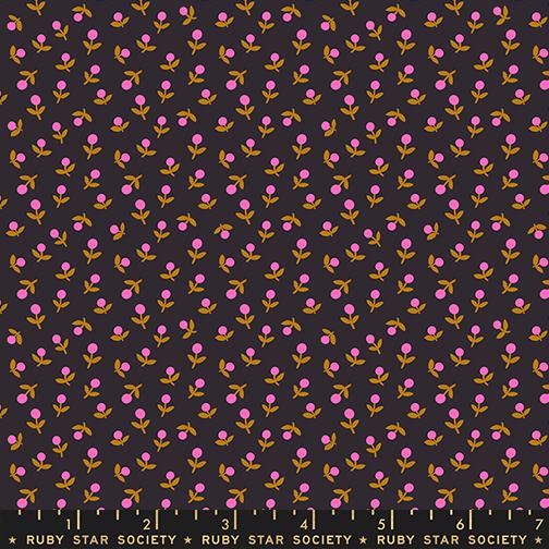 Ditsy pink flowers with tan leaves on a black background