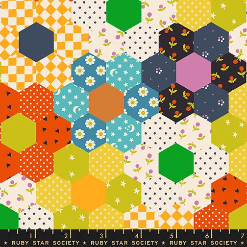 Hexagonal pattern fabric with colorful design on a white background